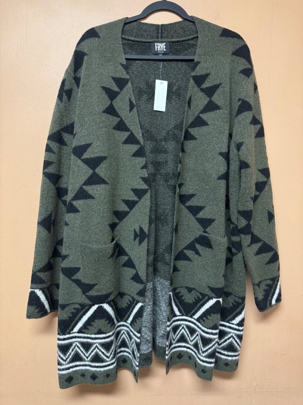Frye Cardigan Sweater Womens Green 2XL Aztec Knit Longline Open Front Tribal